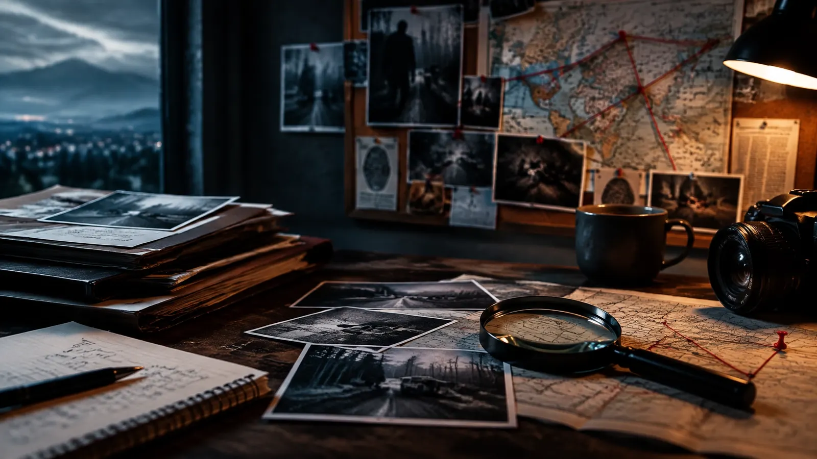 A case board with photographs, maps, notes, and a magnifying glass on a dark desk